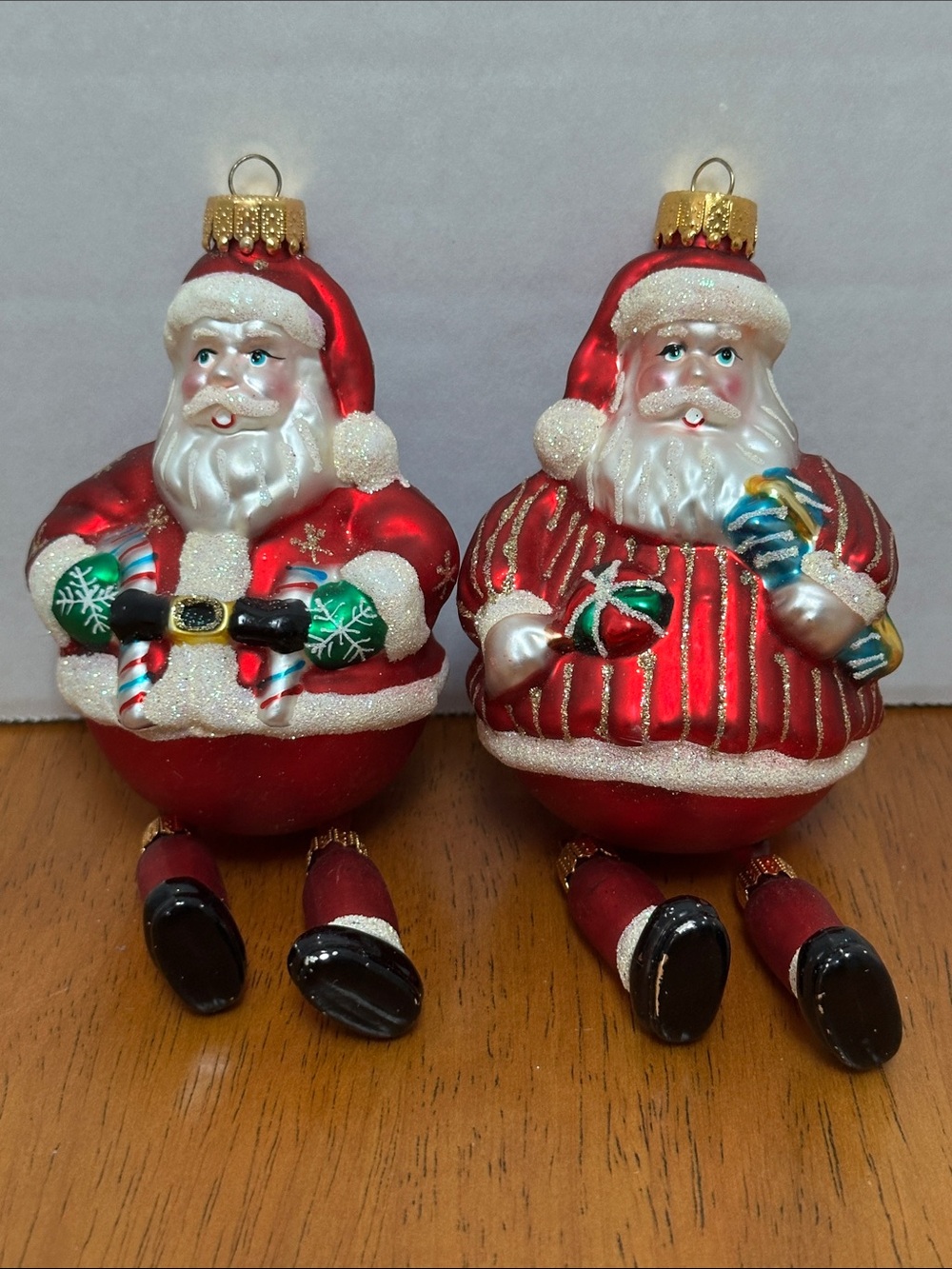 2-Old Time Pottery Santa glass Christmas ornaments. Red W/ white & gold trim.